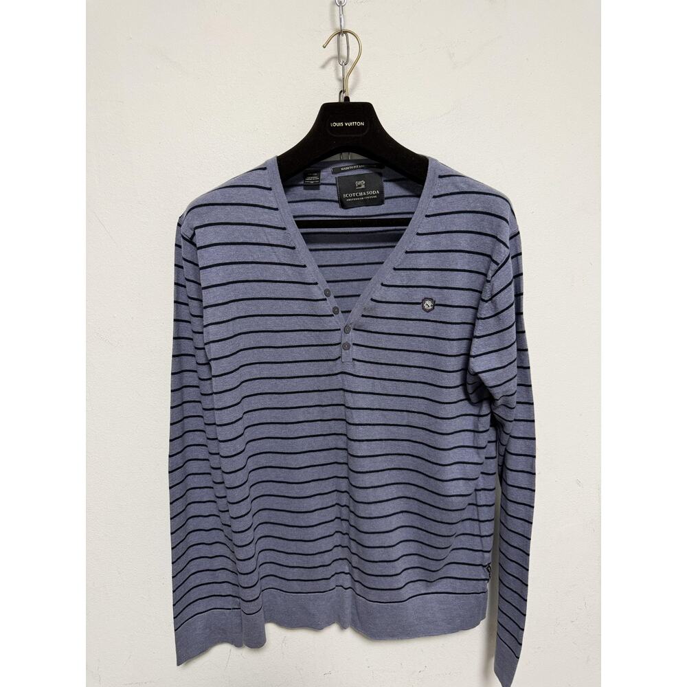 Scotch & Soda Sweater Mens XL Blue Striped Cotton Knit V Neck Henley Pullover